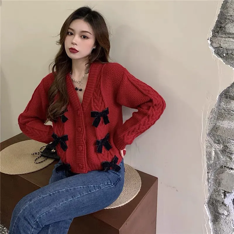 

Vintage Cardigans Women Bow Design V Neck Loose Korean Sweaters Women 21 Autumn Spring Sweet Knitwear Cute Tops Female LD2268