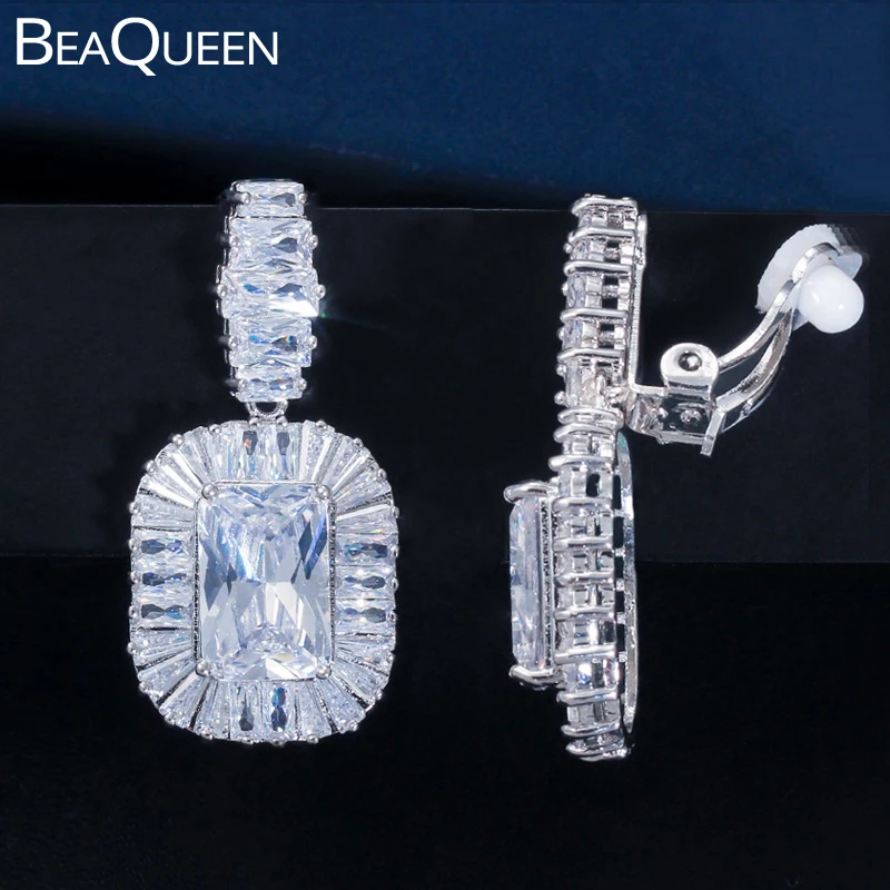 BeaQueen Великолепные без отверстия Ушная клипса серьги длинные квадратные капли кубического циркония без проколов женщин Свадебное Ювелирное Украшение E313