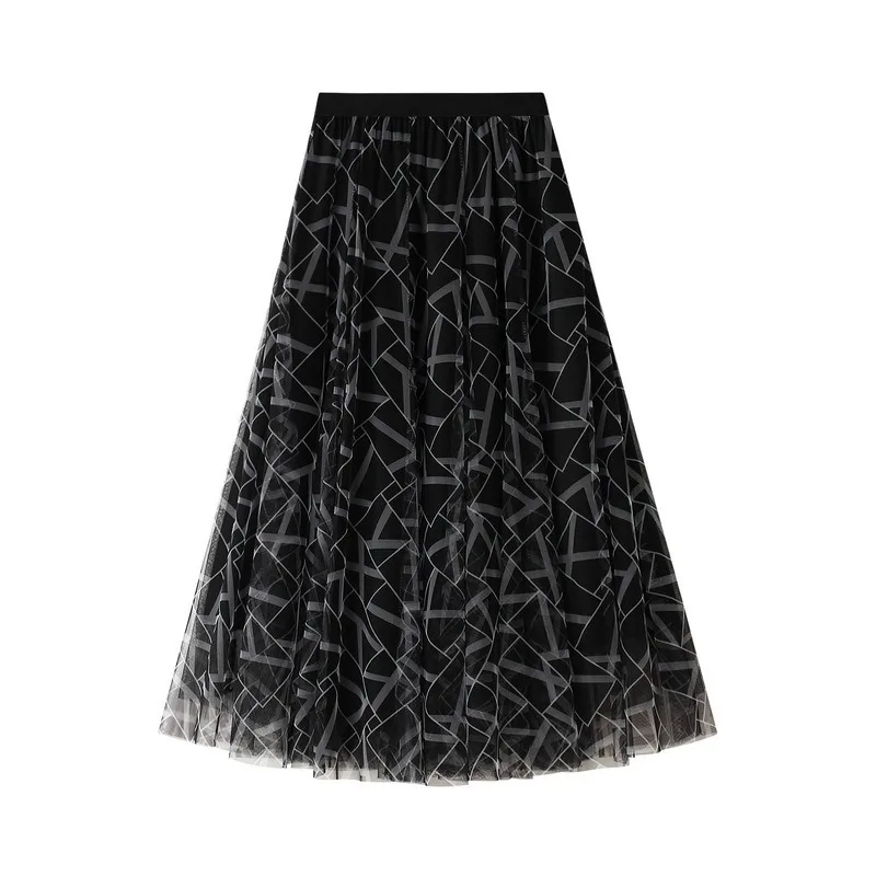 

Women Mesh Pleated Skirt Spring Korean Fashion High Waist Harajuku Casual Loose Geometric Pattern Three-Layer A-Line Skirt Girl