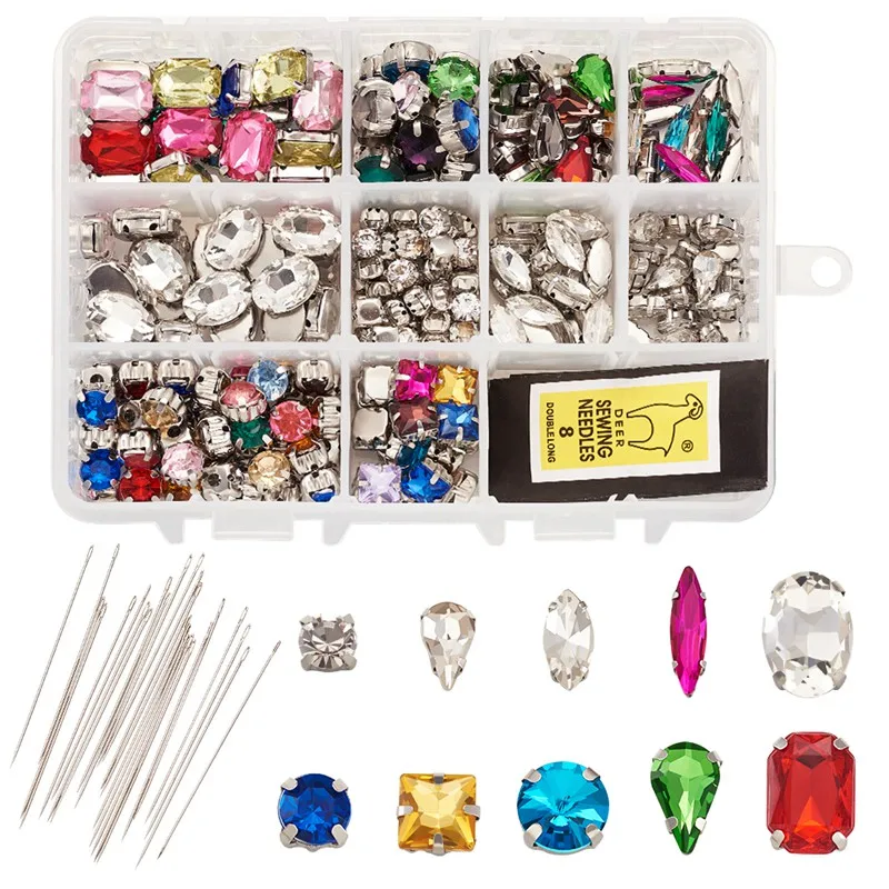

1 Box Mixed Shapes Sew on Glass Rhinestone Brass Prong Settings Garments Accessoriess with Iron Sewing Needles Jewelry Making