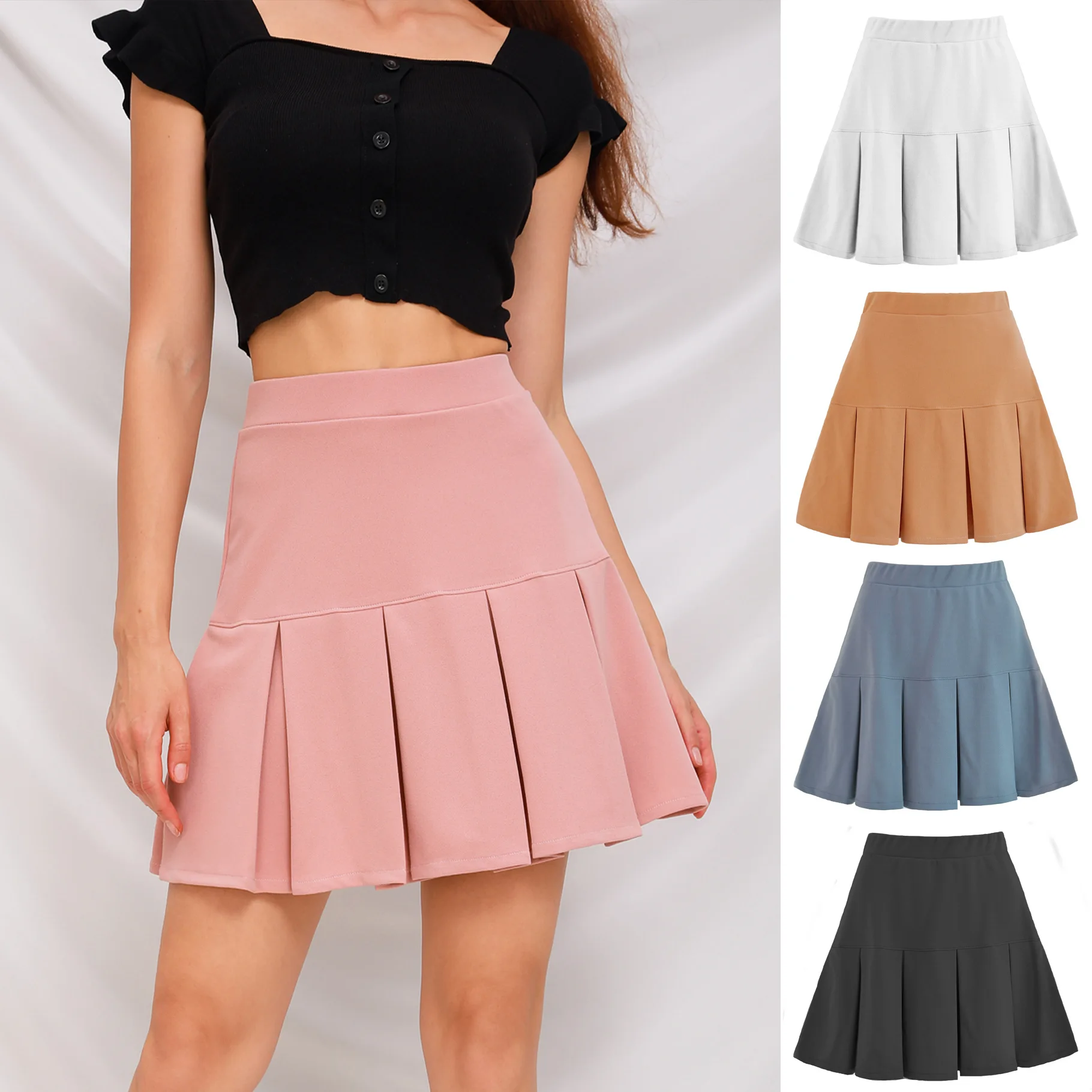 

Pure color all-match pleated mini skirt autumn and winter new elastic high waist skirt 2021 women's sale also free shipping