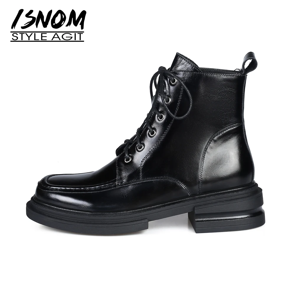 

Женские осенне-зимние ботильоны ISNOM из натуральной кожи, Нескользящие, на платформе, на низком массивном каблуке, со шнуровкой, теплая плюше...