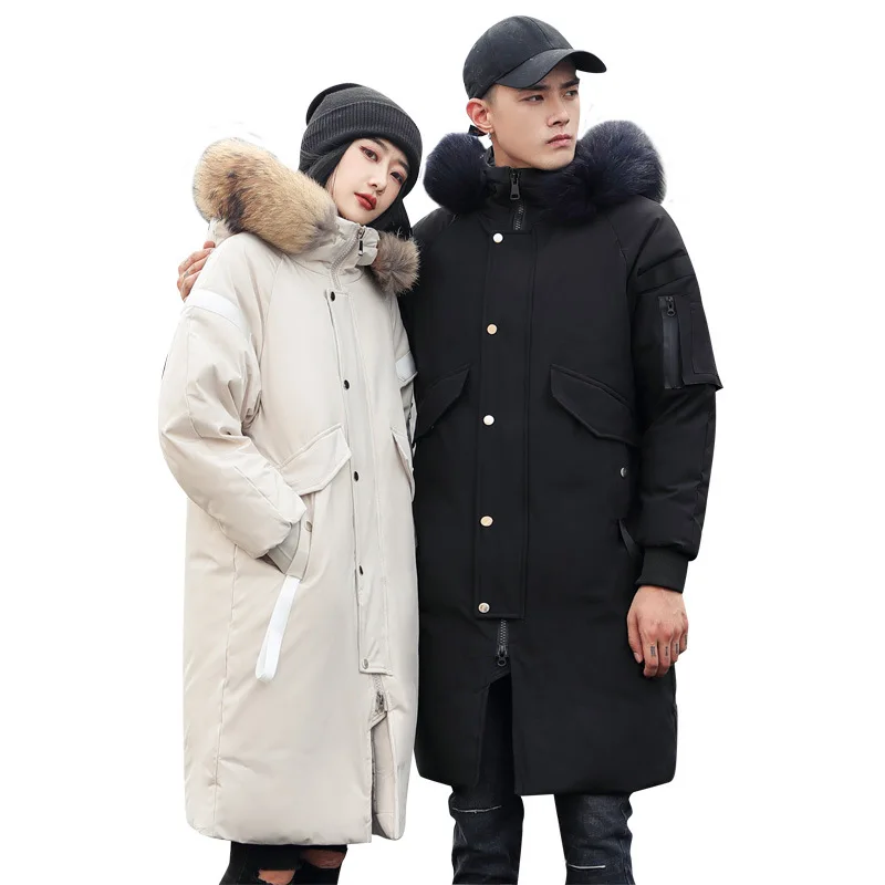 2020 Winter White Duck Down Jacket Long Men's and Women's Couple Puffer Thickened Fur Collar Coat Korean Parka Big Pockets