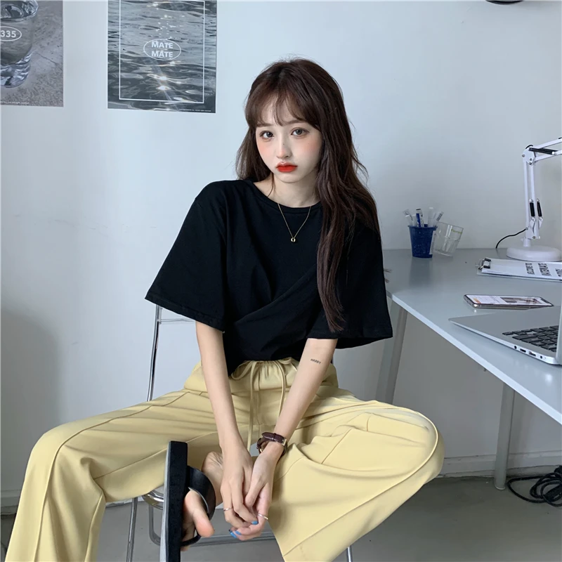 

YTX1490 2021 new Korean loose solid color irregular short round neck pullover short sleeve T-shirt