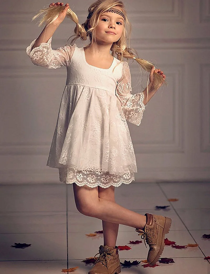 

Empire Waist Lace Flower Girl Dresses for Weddings Long Sleeves Above Knee Communion Dresses for Girls Kids Birthday Party Gowns