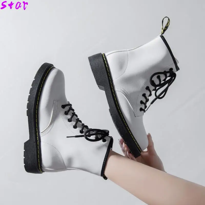 

Motorcycle Boots Unisex Men Combat Boots Soft Leather 2021 Autumn Mid-high Boots Couple Leather Boots Platform Boots Ankle Boots