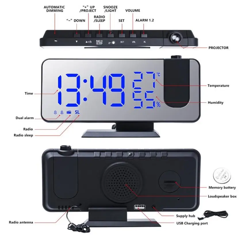 

Electronic Digital Clock Temperature Humidity Display Multifunctional Radio Projection Alarm Clock LED Mirror Clock Home Decor