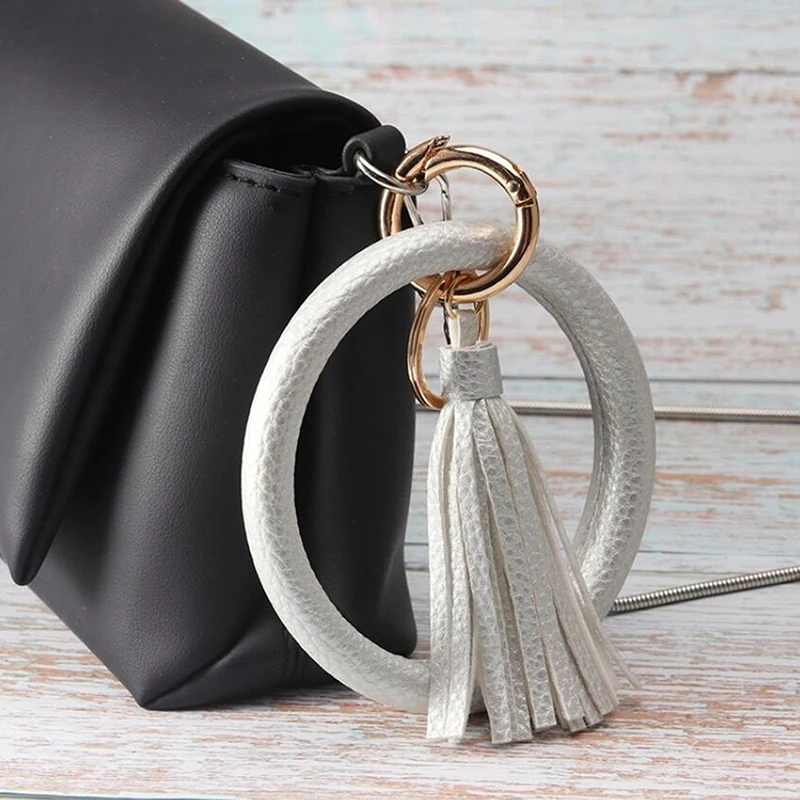 Bohemia Pu Leather Wristband Keychain Bangle Fashion Leopard Snake Gold Big Circle Key Ring Tassel Bracelet For Women | Украшения и
