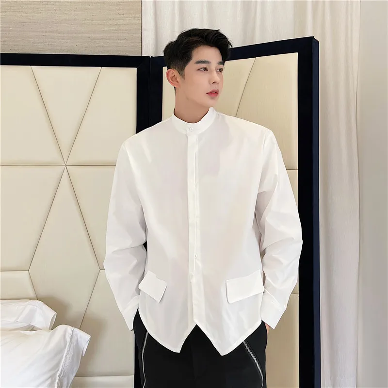 

Men's Clothing 2021 Korean Fashion Stand Collar Loose Casual Long Sleeve Shirt Male Dress Shirts Blouse Tops for Man Menswear