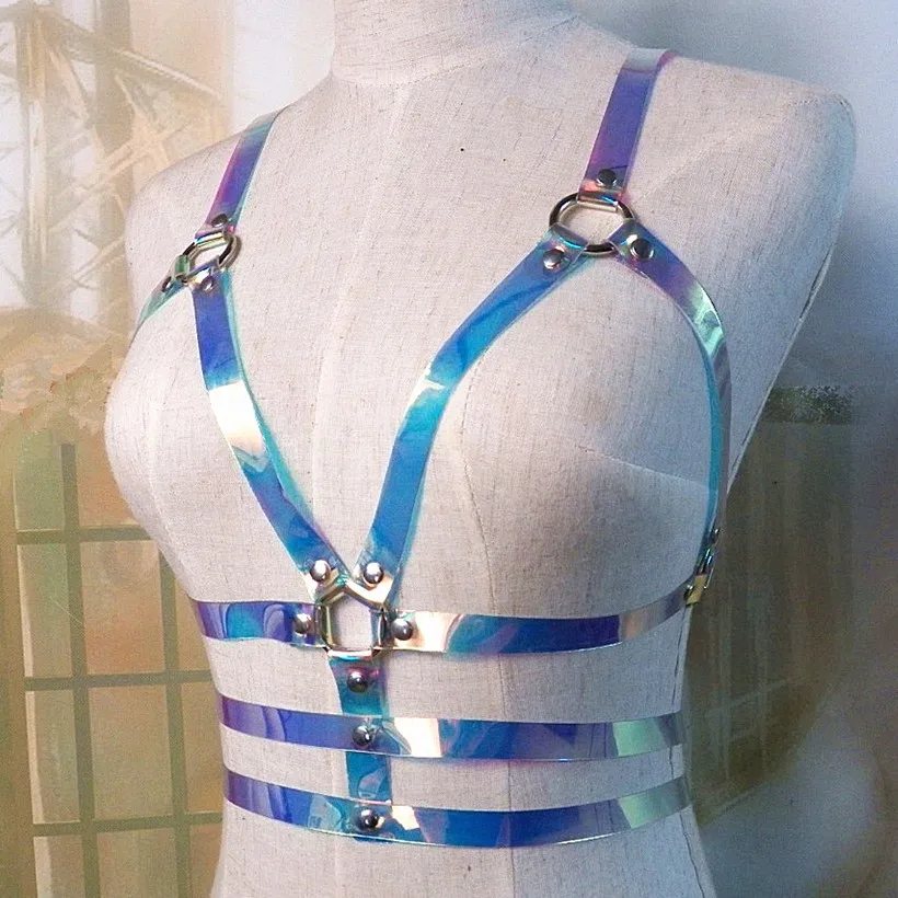 

Women Laser Transparent PVC Caged Bra Body Harness Belt 2019 Sexy Waist Belt Bondage Female Holographic Strap Top Waist Belts