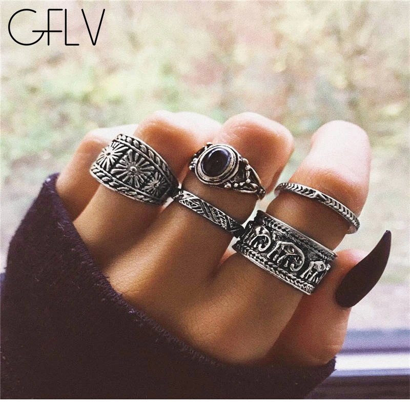GFLV 5 шт./компл. Black Mujer черные Кристальные Кольца Набор для женщин Boho кольца панк