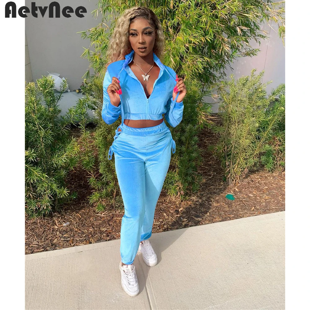

Fall Winter Velvet Tracksuit Sets Women Pants Two 2 Piece Sets Zip Crop Hoodie + Stretchy Sweatpants Suits Sporty Casual Outfits