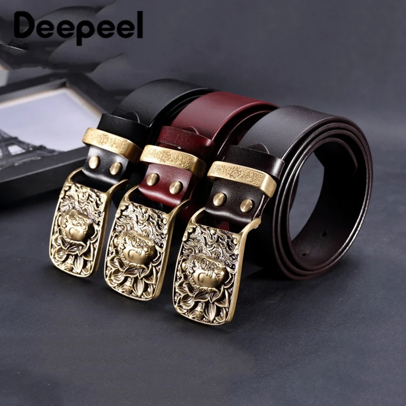 

Deepeel 1pc 3.8X105-130cm Men First Layer Cowhide Business Belt Smooth Buckle Head Luxury Genuine Leather Belt Suit Decoration