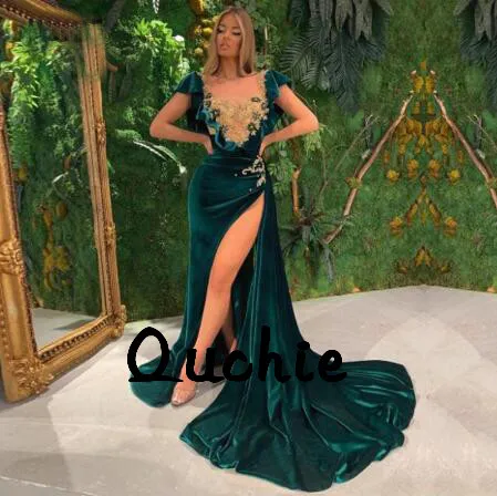 

Emerald Green Velour High Slit Evening Dresses Deep v Cap Sleeves Sexy robe soiree Islamic Dubai Kaftan Saudi Arabic Prom Gown