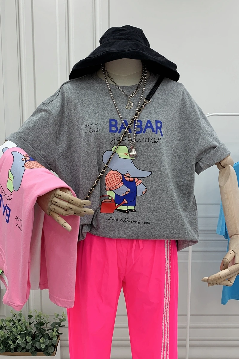 

Summer Short Sleeve T-shirt Women's Thin Loose Plus Casual Cute Printed Cartoon Elephant Student T Shirt for Women Tops