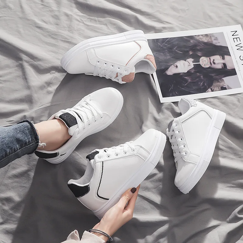 2020 spring Korean version increased white sneakers female leather student board shoes wild casual running ZP-19 | Спорт и