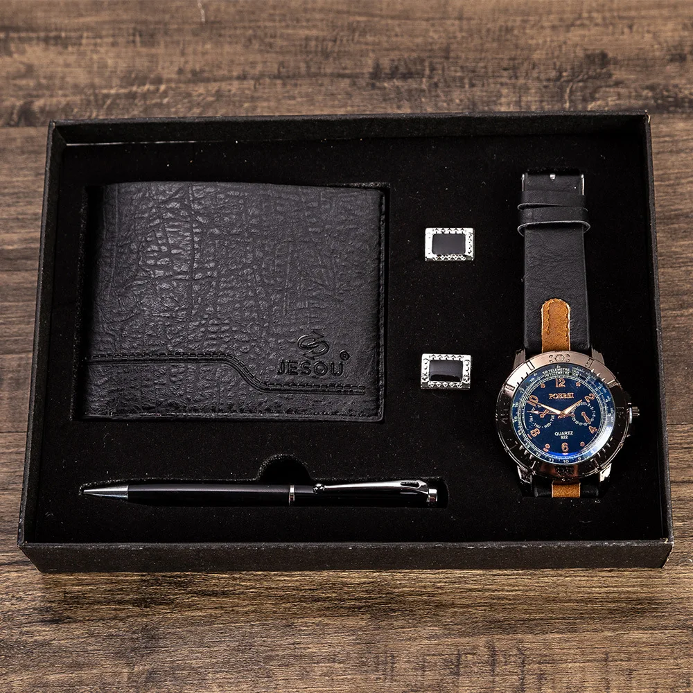 2021 Мужской подарочный набор красивые часы + кошелек Запонки Набор ручек горячая
