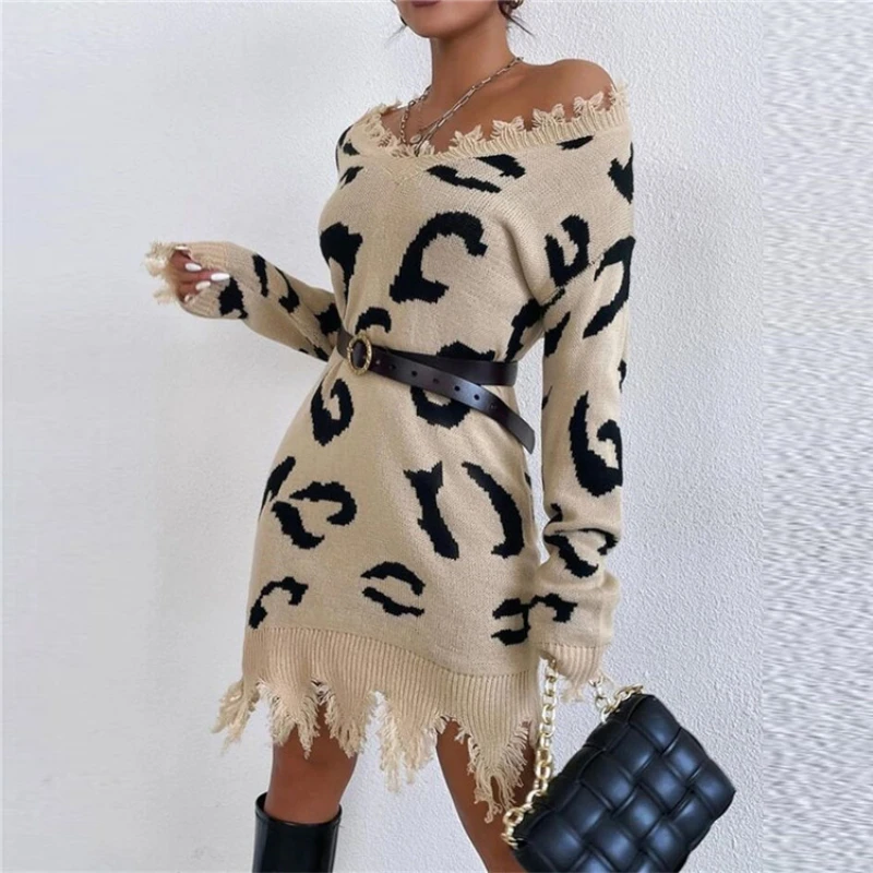 

New Arrivals Knitted Women Dresses V Neck Sexy Party Club Mini Long Sleeve Leopard Print Fashion Casual Pullover Sweater Dress