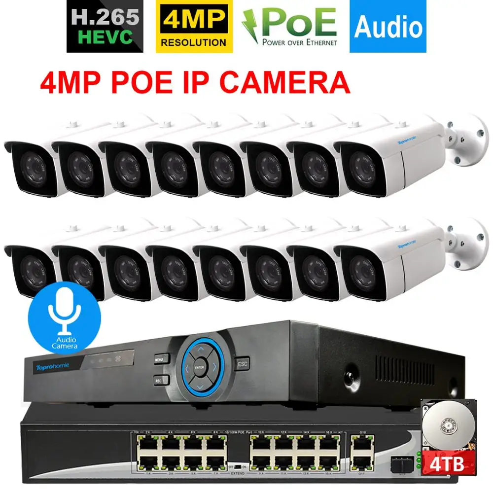 TOPROHOMIE H.265+ 4K 16CH 5MP POE NVR комплект 48V 4MP 2592*1520 безопасности наружная аудио запись POE ip-камера комплект видеонаблюдения