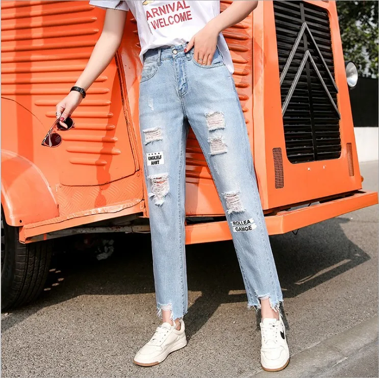 Женские джинсовые облегающие брюки джинсы с высокой талией рваные до колена