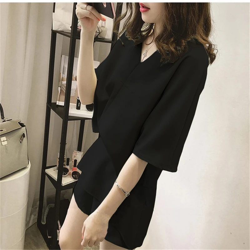 

Chic Tracksuit Women Two Piece Set Summer Clothes Solid Color V-Neck Top and Wide Leg Shorts Sets Office Lady Elegant Work Suits