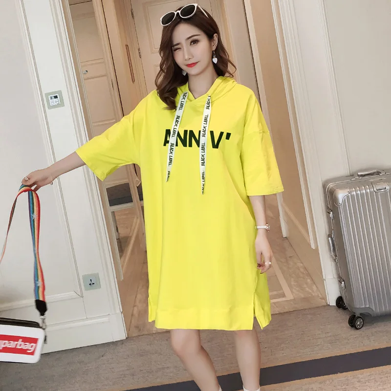 Платье-футболка женское хлопковое с капюшоном свободная уличная одежда размера