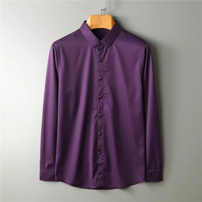 Autumn Long Sleeve Casual Business Boys Silk Shirt Slim Fit Thin Social Men Purple Shirt Male Formal Oversized Button Shirt Top