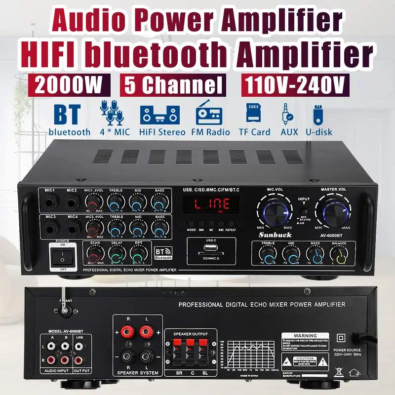 

2000W 5CH Home HIFI Digital Amplifier bluetooth 5.0 Audio Power Stereo 220V AV Remote Control Amplifier Karaoke Amp Subwoofer FM
