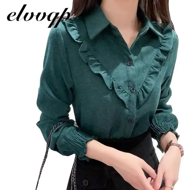 

2021 New Hot Sale Women Sweet Ruched Loose Slim Ruffle Thick Corduroy Shirt Fashion Long Sleeve Tops Basic Female Shirt Blouse
