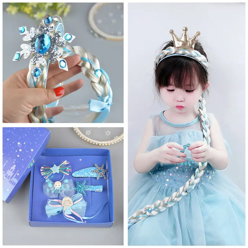 

QU 6pcs Girls Crown Wig Braid Snow Princess Hairpin Children's Headband Accessories Queen Elsa with Cute Hair Hoop for kids