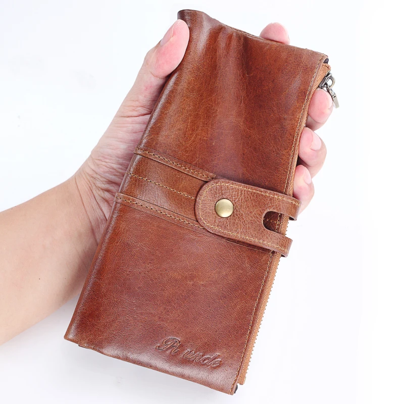Винтажный Мужской длинный Чехол из воловьей кожи для телефона кошелек на молнии