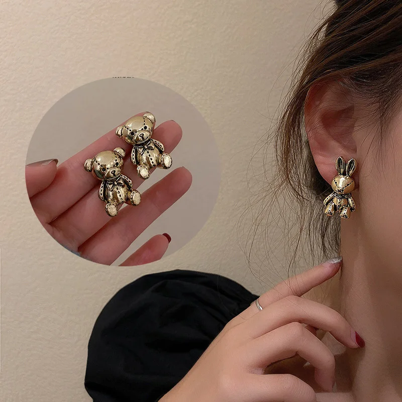 

S925 пост аллергии древнее золото стильная футболка с изображением персонажей видеоигр с кроликом и медведем, высокое качество, прекрасный п...