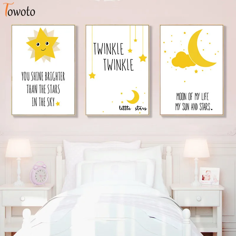 Желтая звезда Луна холст картина Детская комната настенное искусство для