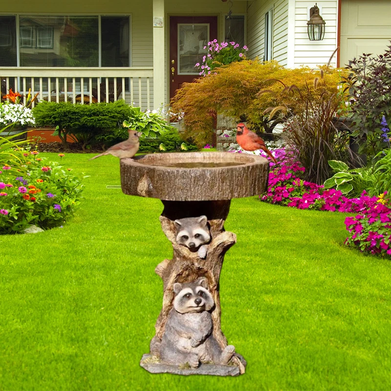 

Hot Sale Resin Raccoon Birdbath Animal Statue Outdoor Birdfeeder Resin Decoration Cute Raccoon Garden Ornament For Garden Home