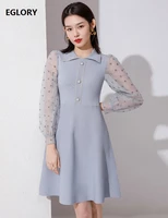 high quality sweater dress 2021 spring summer knitwear women turn down collar sexy see through sleeve casual blue knitted dress
