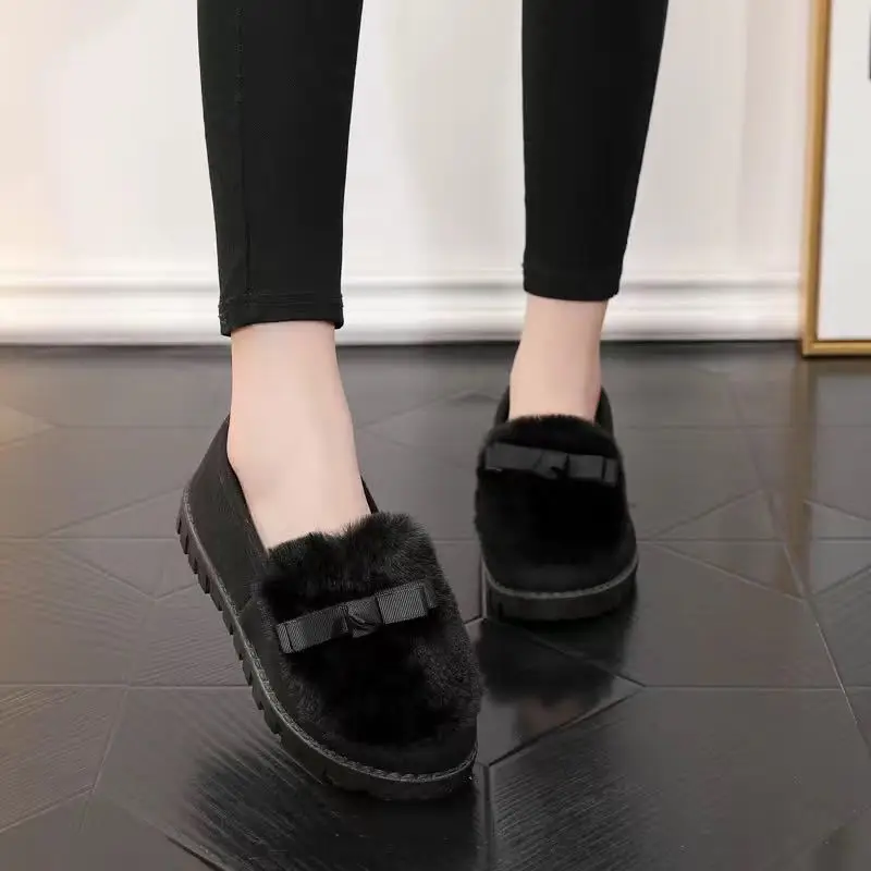 

Womens Platforms Warm Winter Loafers Women Short Plush Shoes Woman Flats Comfortable Furry Mules Bow Thick Sole Shoes for Women