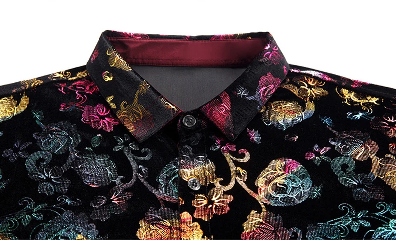Shiny Floral Print Velvet Dress Shirts Men Slim Fit Long Sleeve Stylish Velour Shirt Mens Social Casual Party Prom Chemise Homme