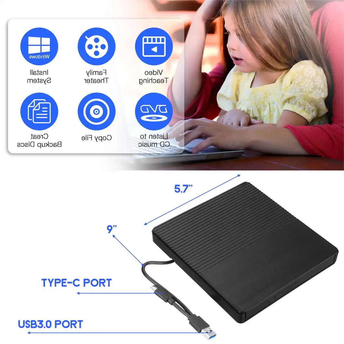 

Внешний DVD-привод USB 3.0 Type-C, DVD RW, CD, записывающее устройство, портативный DVD RW, CD, устройство для чтения SD-карт, для ноутбуков Macs, Windows, ПК