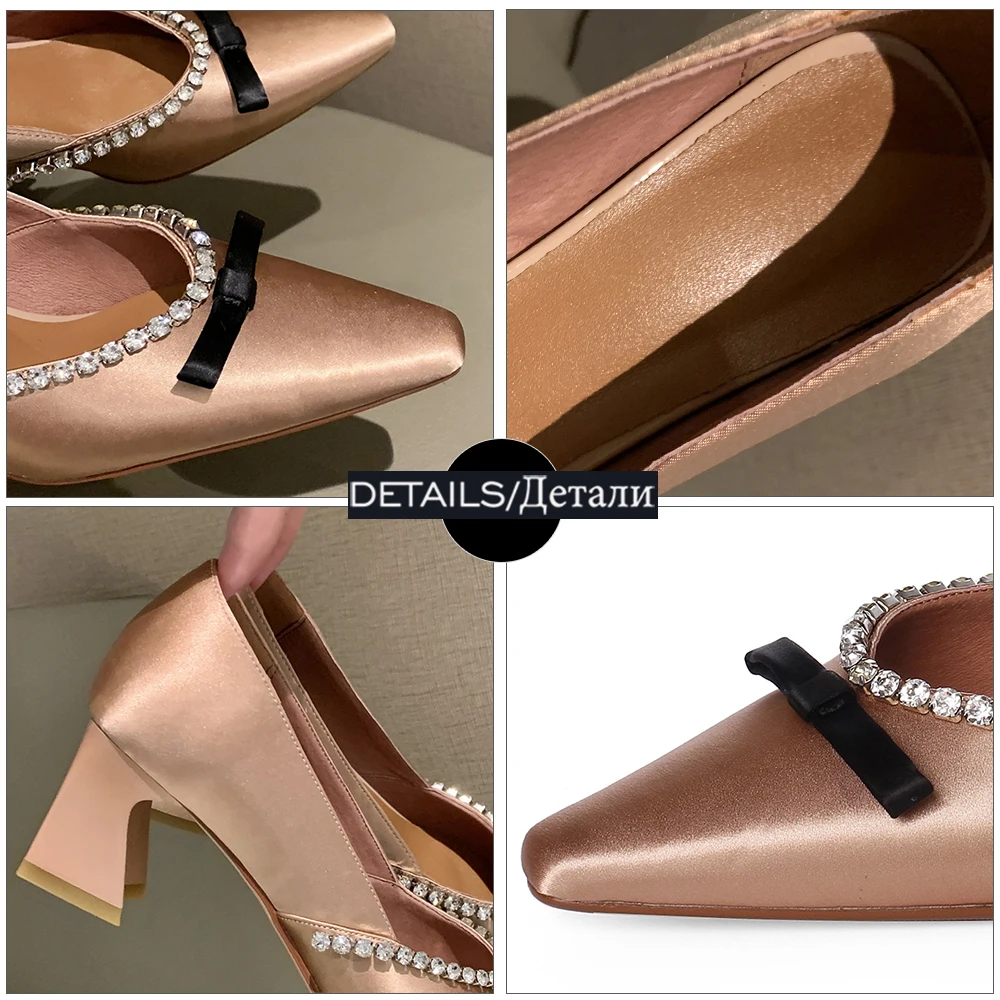 

ISNOM Women's Shoes Pointed Toe Satin Pumps Crystal Thick Heels Butterfly Knot Vintage High Heeled Spring Autumn Shoes 2021