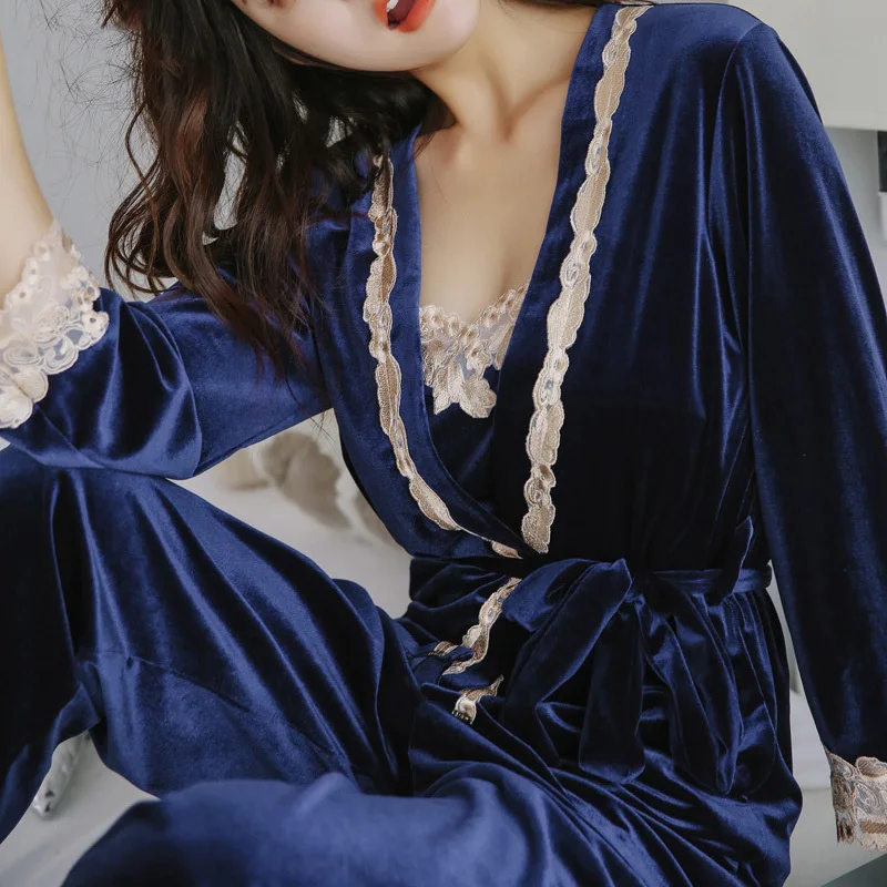 Пижамный комплект женский модный кружевной с длинным рукавом в стиле пэчворк