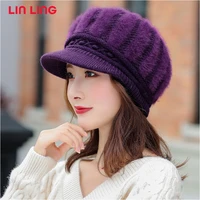 womens winter new thick knit hat rabbit fur blend plus velvet wild outdoor sports cap girl autumn solid check warm beanie hat