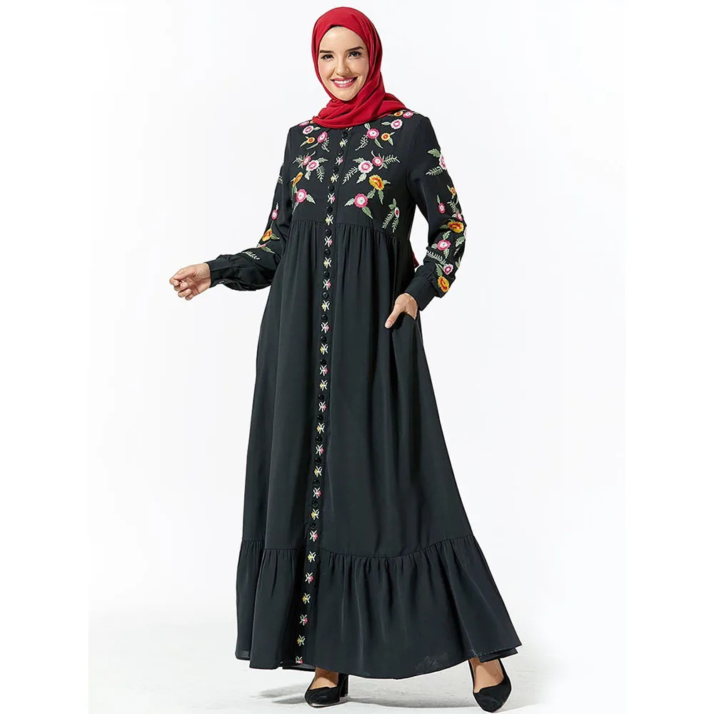 Черное платье с вышивкой Осеннее мусульманское без хиджаба Abayas Дубай женская