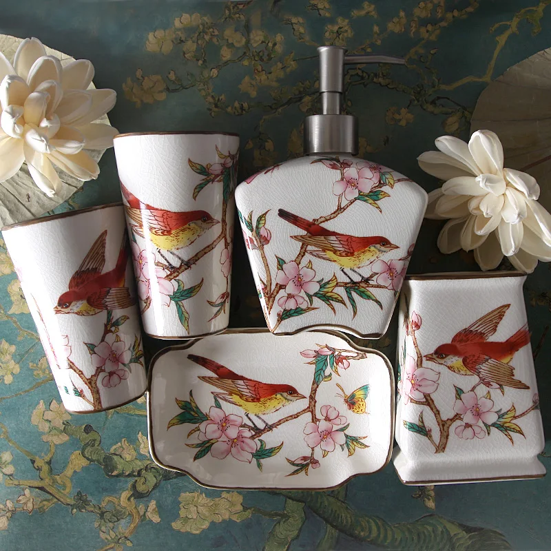 

Bathroom Ceramic Ice Crack Washing Gargle Five-piece Set Magpie Pattern Rinsing Mug +Toothbrush Holder + Lotion Bottle Soap Dish