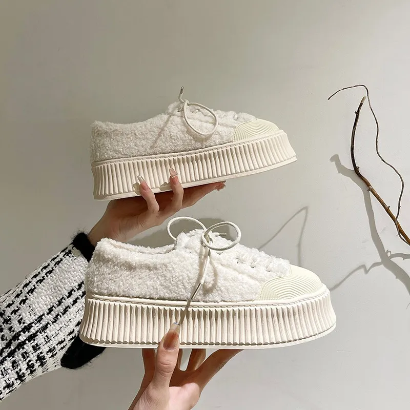 

Thicksoled Women Shoes Increase Plus Velvet Casual Shoes Nude Boots Winter Solid Color Women Sports Shoes Plush Suede Microfiber