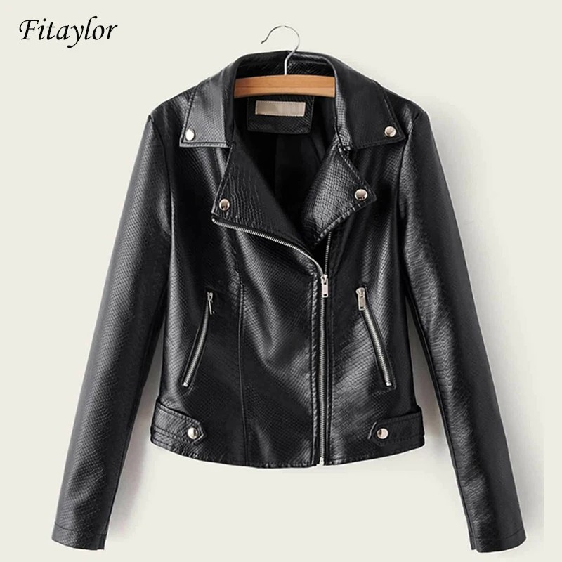 

Fitaylor New Serpentine Women PU Leather Jackets Black Motorcycle Jacket Rivet Long Sleeve Faux Leather Biker Jacket Street Coat