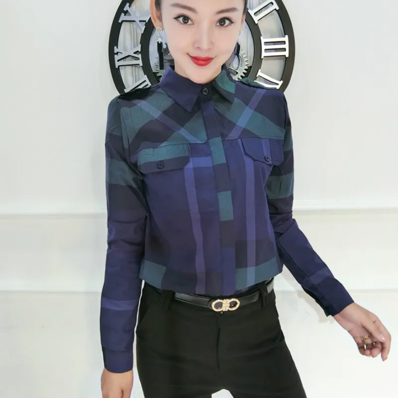 Женская хлопковая рубашка в клетку с длинным рукавом повседневная одежда для