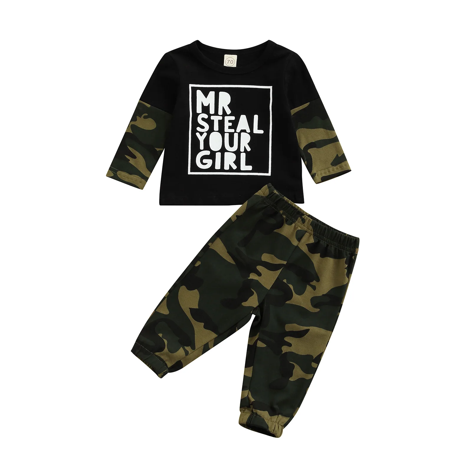 

Kids Toddler Baby Boys T-shirt and Trousers Casual Set Fashion Letter Stitching Long Sleeve Tops and Camouflage Pants