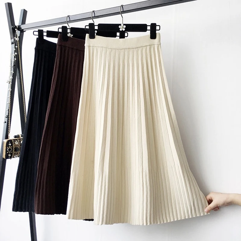 Женская трикотажная плиссированная юбка трапециевидная с высокой талией