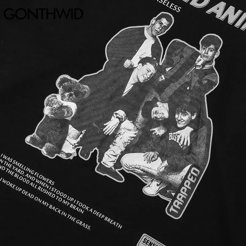 

GONTHWID Long Sleeve Tees Shirts Bear Poster Print Streetwear Tshirts Mens Hip Hop Fashion Harajuku Casual Loose Cotton Tops