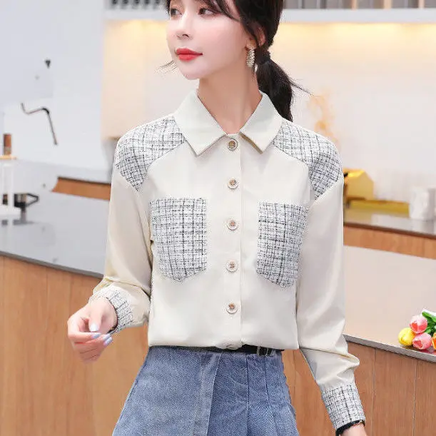 

2021 Spring Autumn Women Blouse New Fashion Spliced Plaid Pocket Shirt Long Sleeve Turn-down Collar Office Lady Casual Tops D31